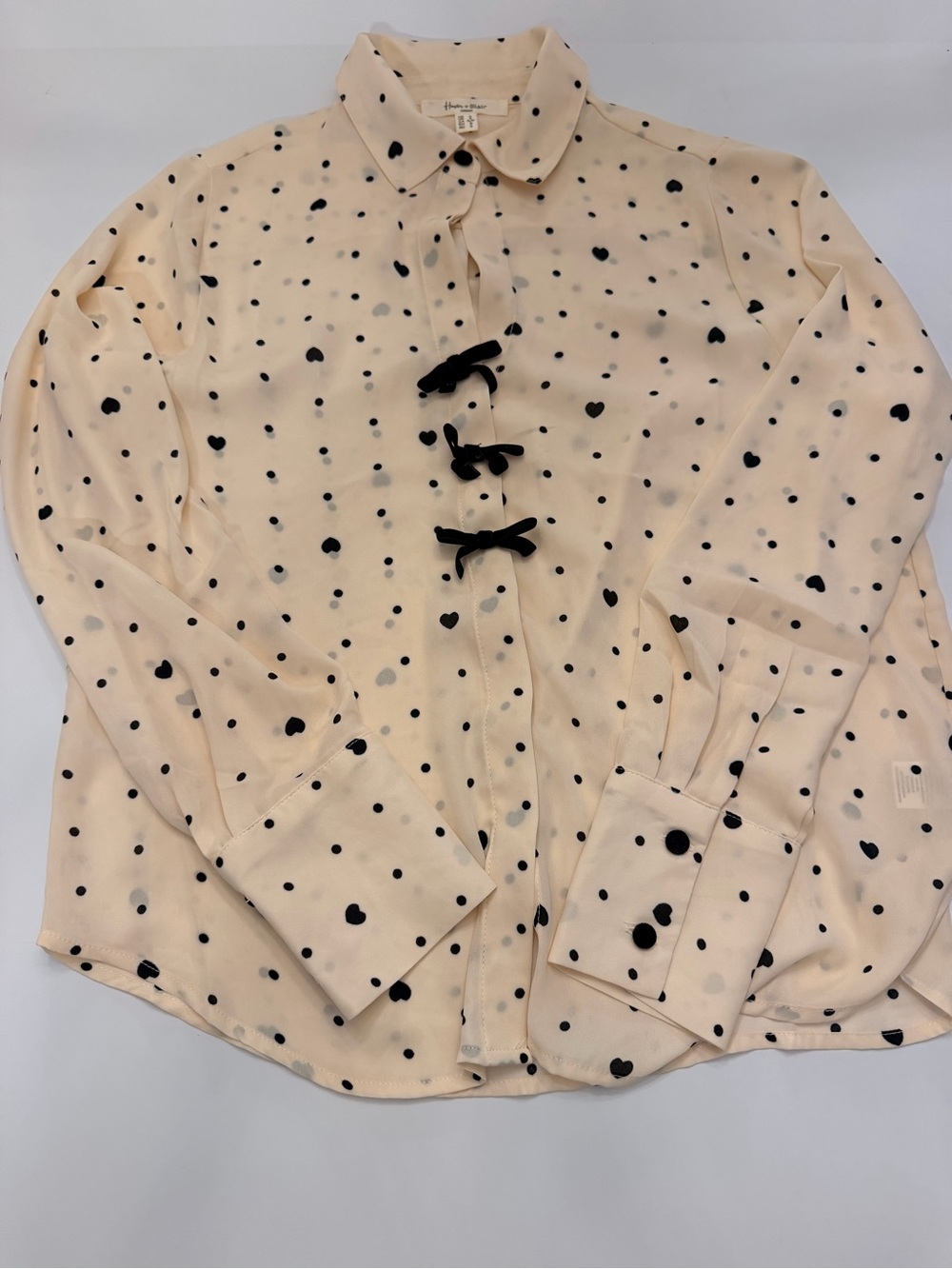 Haver + Blair London Cream Polka Dot Heart Print Bow Front Blouse Sz S